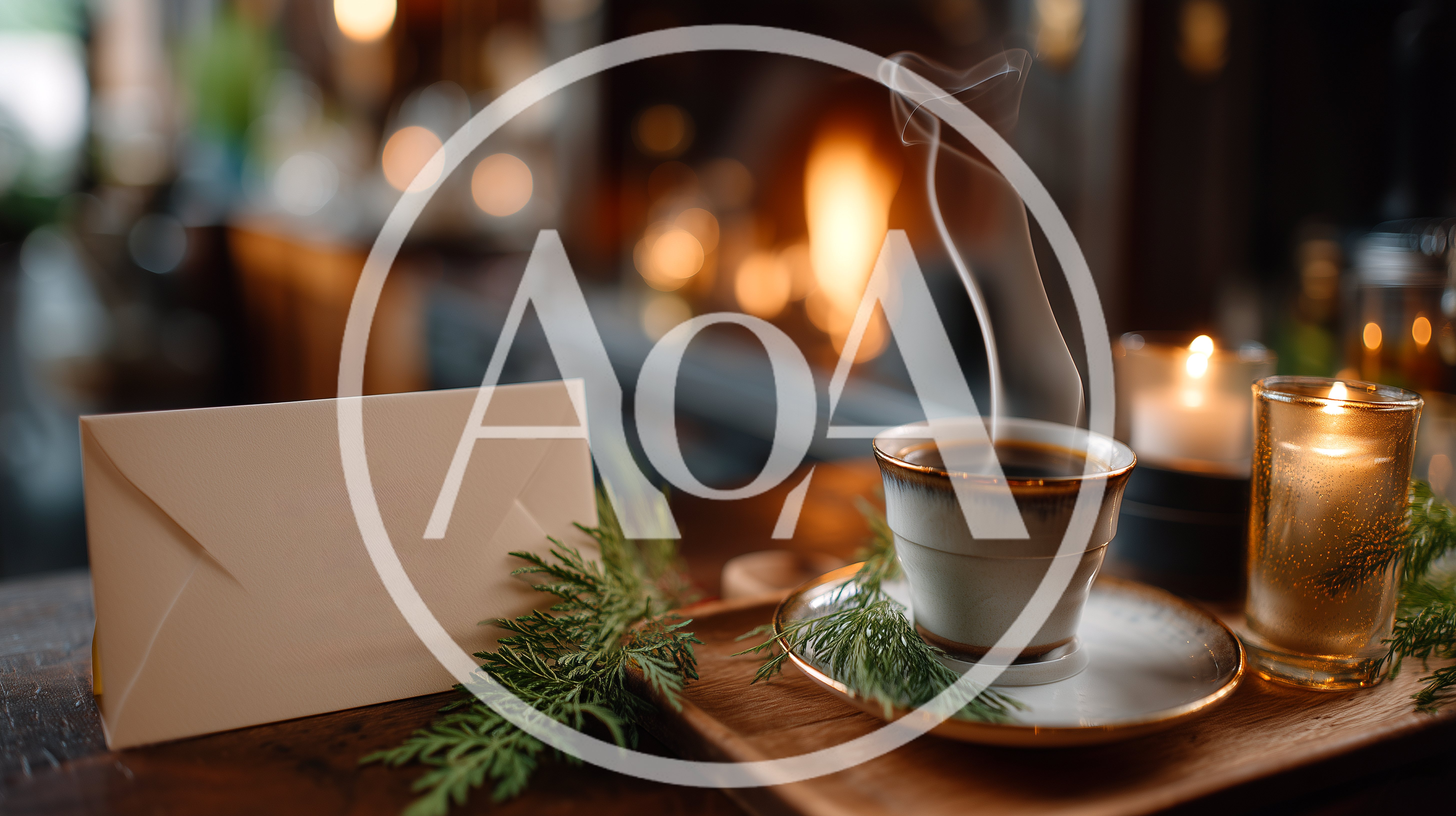 Steaming Coffee Cup With Envelope And Candles