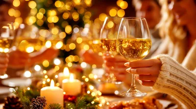 Friends Celebrating Christmas Dinner With Wine Glasses