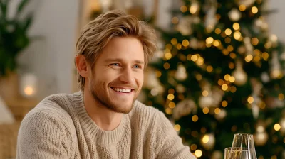 Smiling Man Wearing A Beige Sweater During Christmas