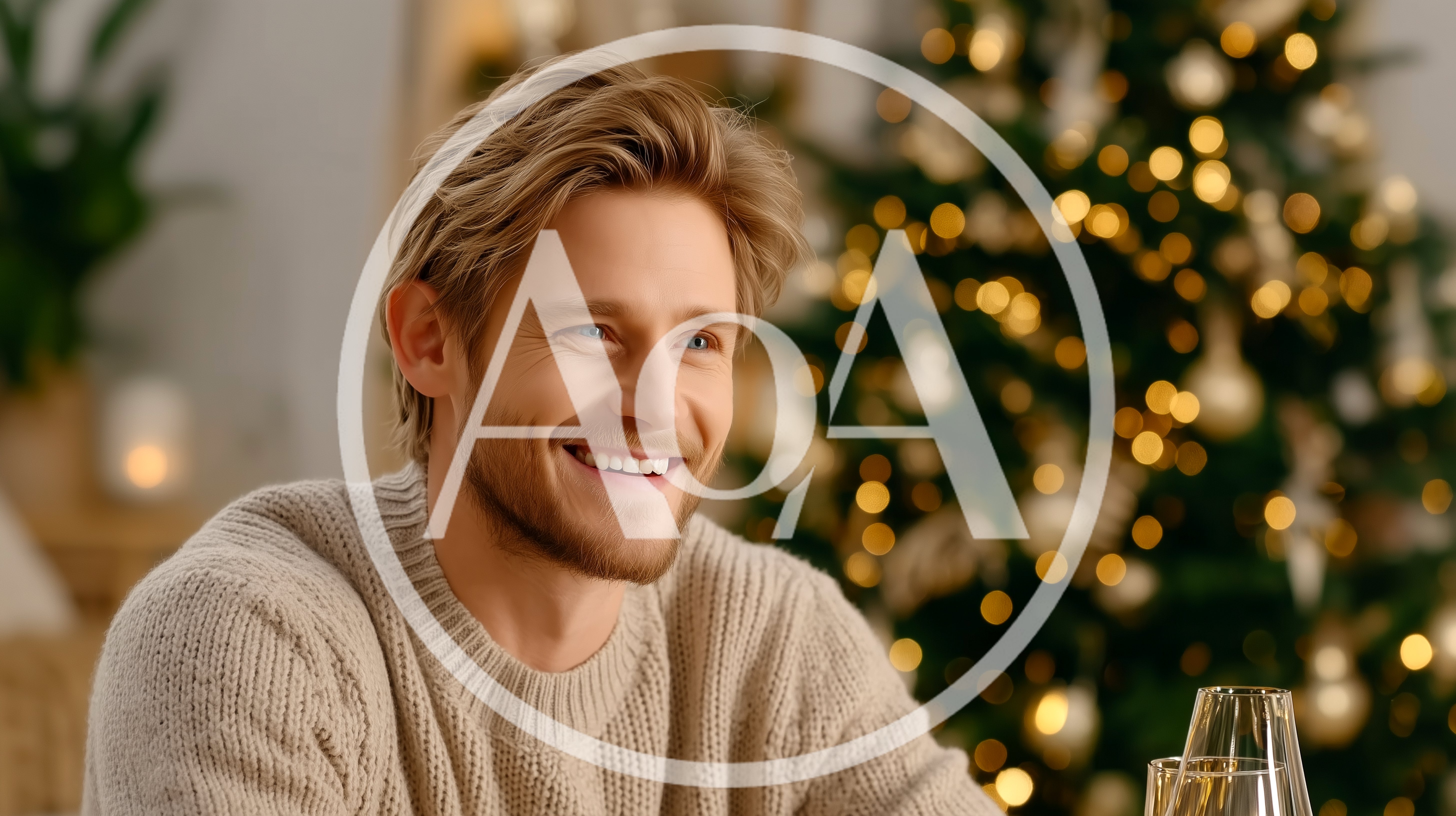 Smiling Man Wearing A Beige Sweater During Christmas
