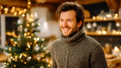Smiling Man Wearing A Grey Turtleneck Sweater