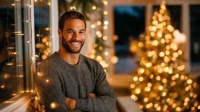 Smiling Man Standing By Christmas Lights And Tree