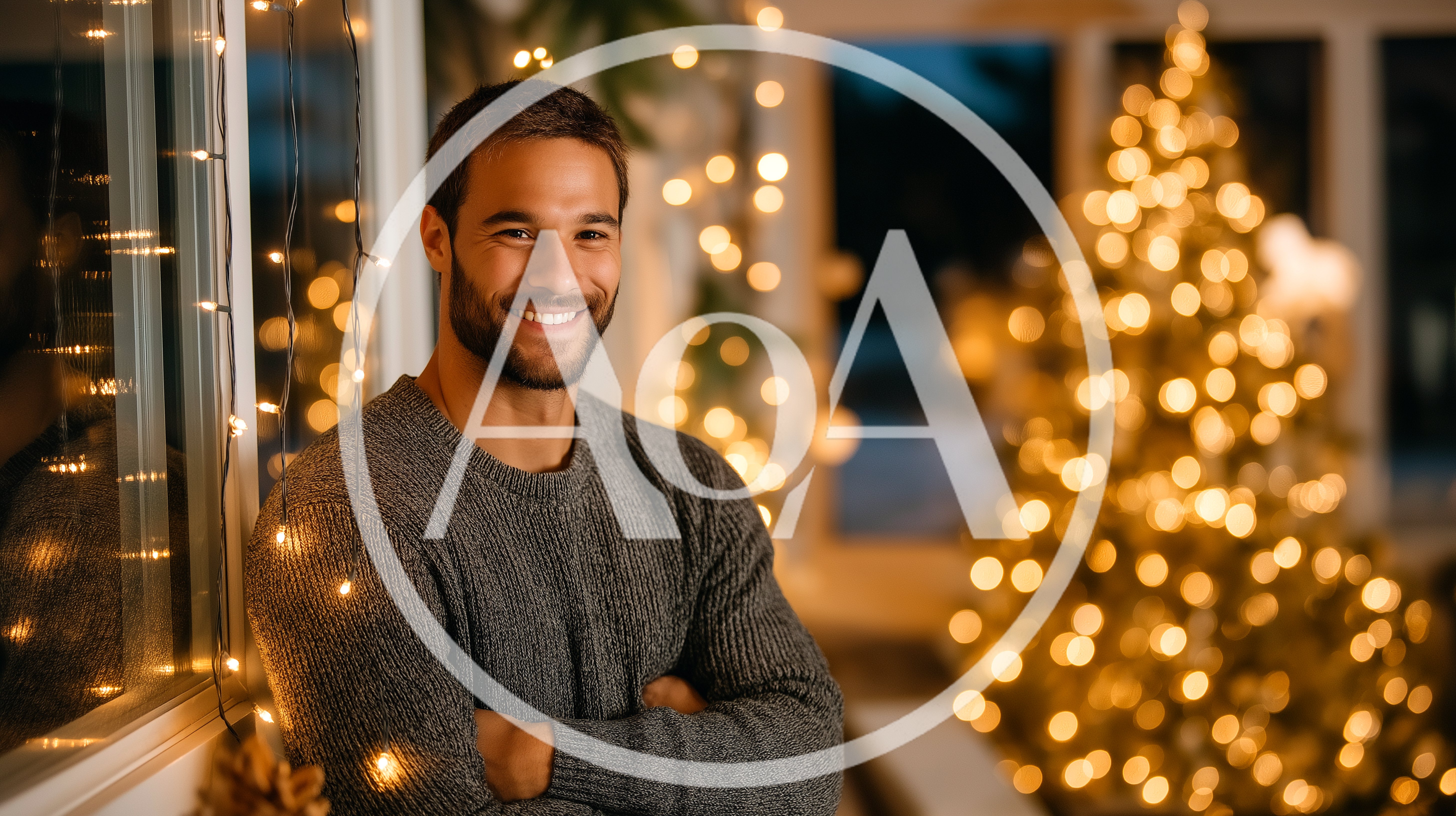 Smiling Man Standing By Christmas Lights And Tree