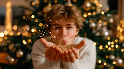 Young Man Blowing Golden Glitter In Front Of Christmas Tree