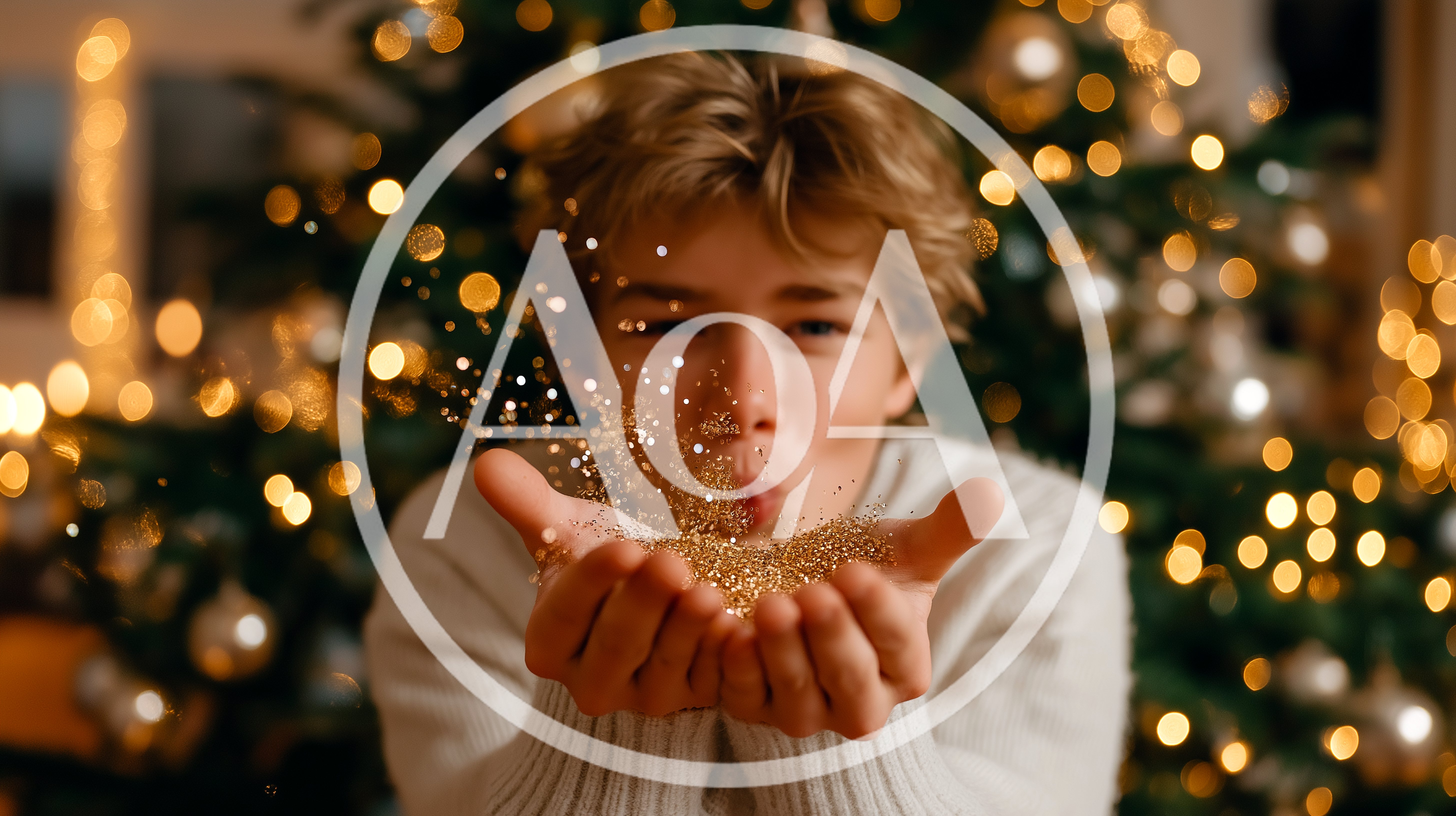Young Man Blowing Golden Glitter In Front Of Christmas Tree