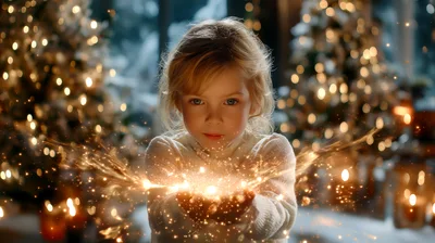 Young Girl Holding Magical Glowing Christmas Sparkles