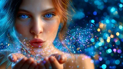 Young Woman Blowing Magical Glitter From Her Hands