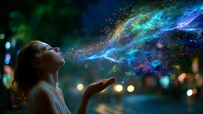 Young Girl Blowing Magical Glowing Cosmic Dust