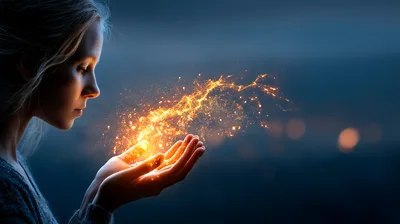 Young Woman Holding Glowing Magical Energy Particles