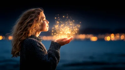 Young Woman Holding Glowing Magical Particles In Hands
