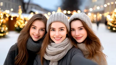 Three Young Women Taking A Selfie At Christmas Market