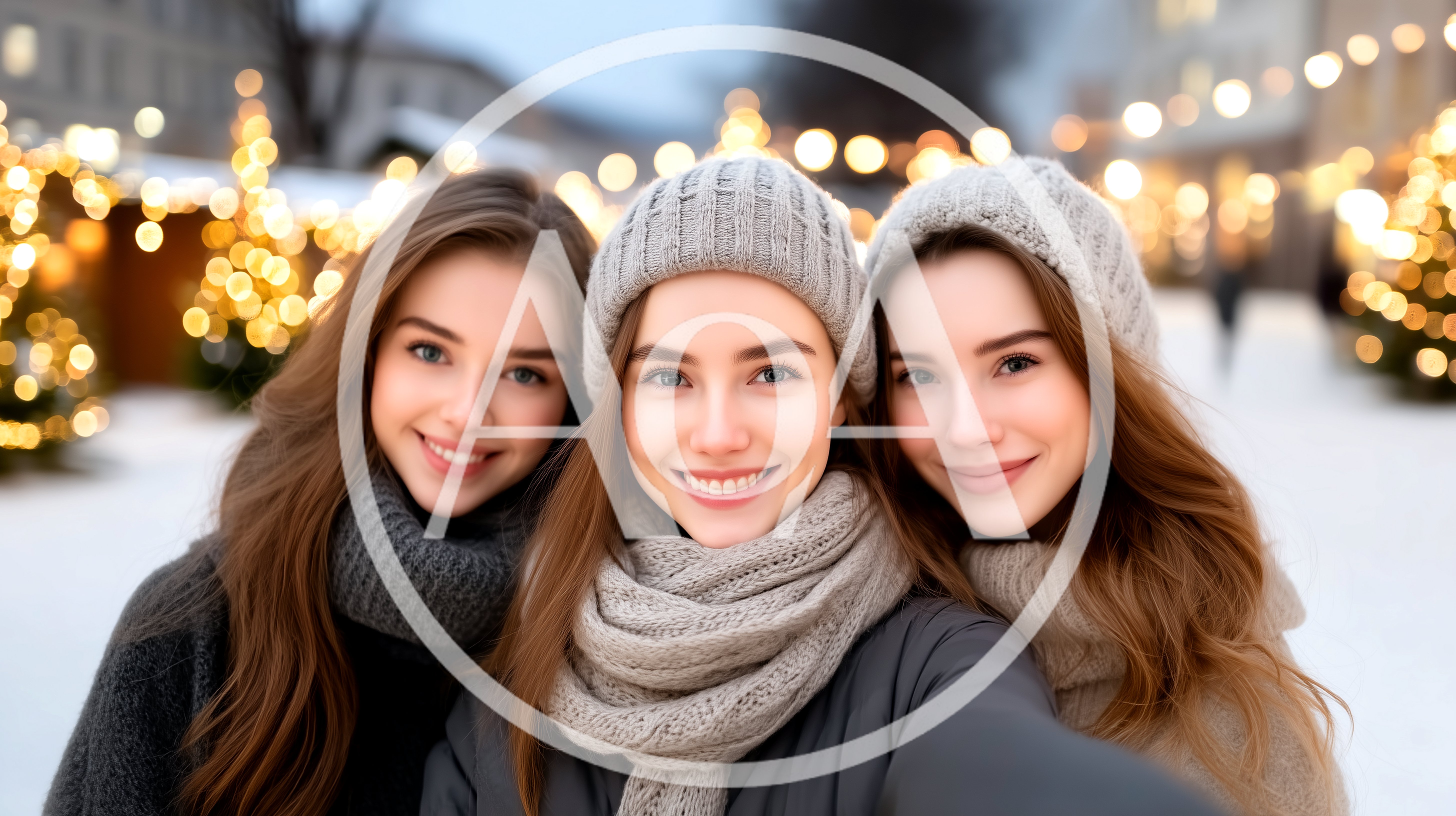 Three Young Women Taking A Selfie At Christmas Market