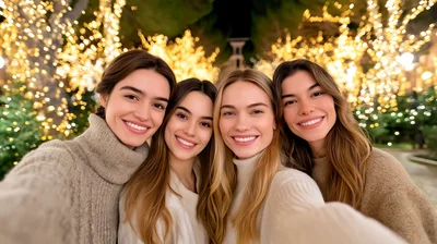 Four Young Women Taking A Selfie Outdoors At Night