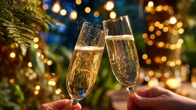 Two People Toasting With Champagne Flutes At Night