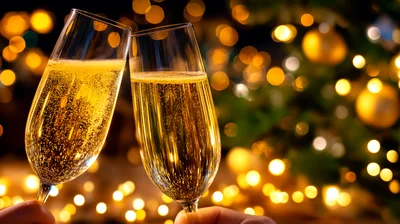 Two Champagne Flutes Toasting During Holiday Celebration