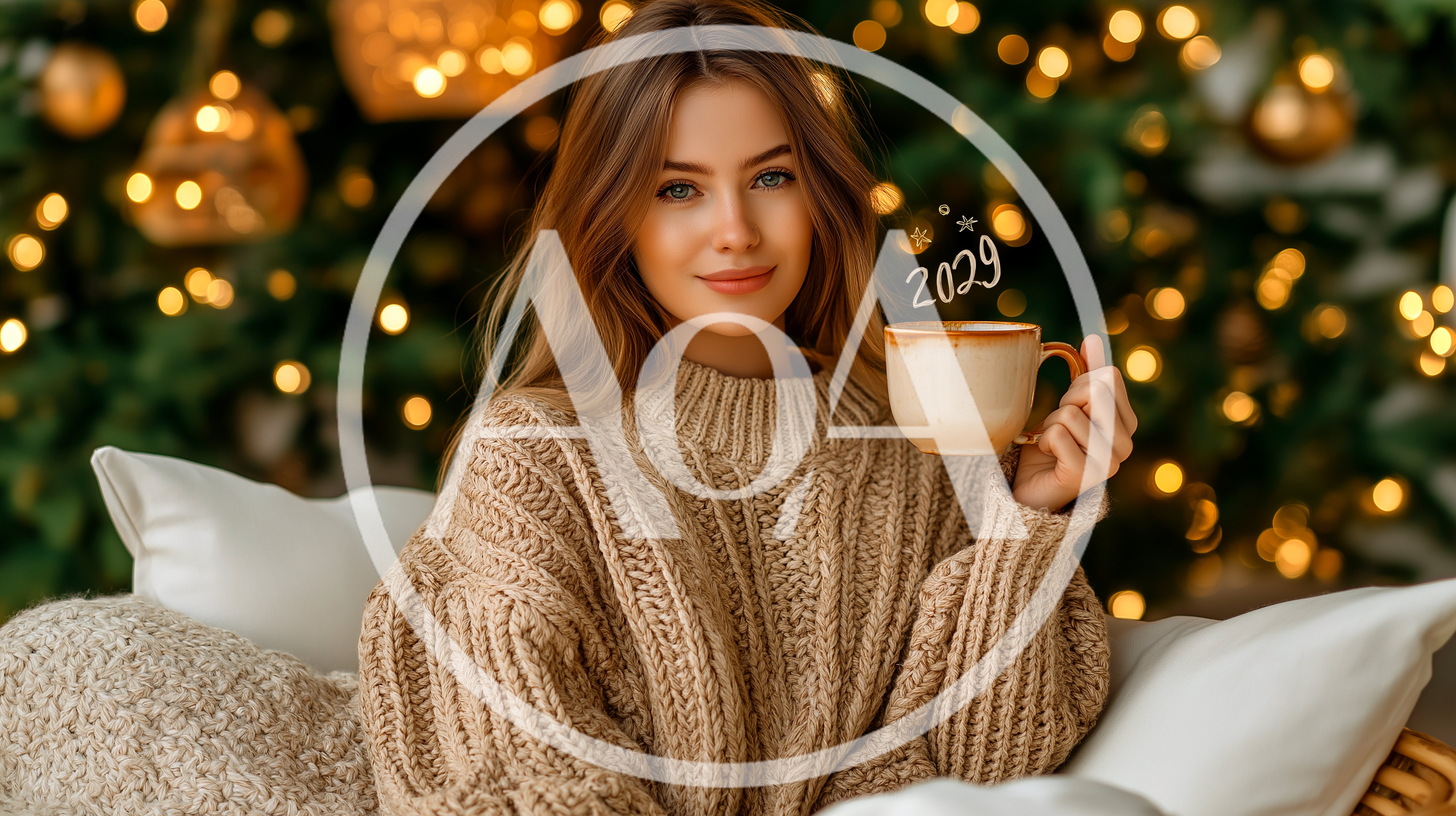 Young Woman Holding Coffee Mug With 2029 Text