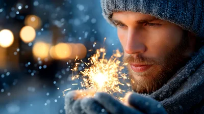 Man Holding A Glowing Sparkler In Winter
