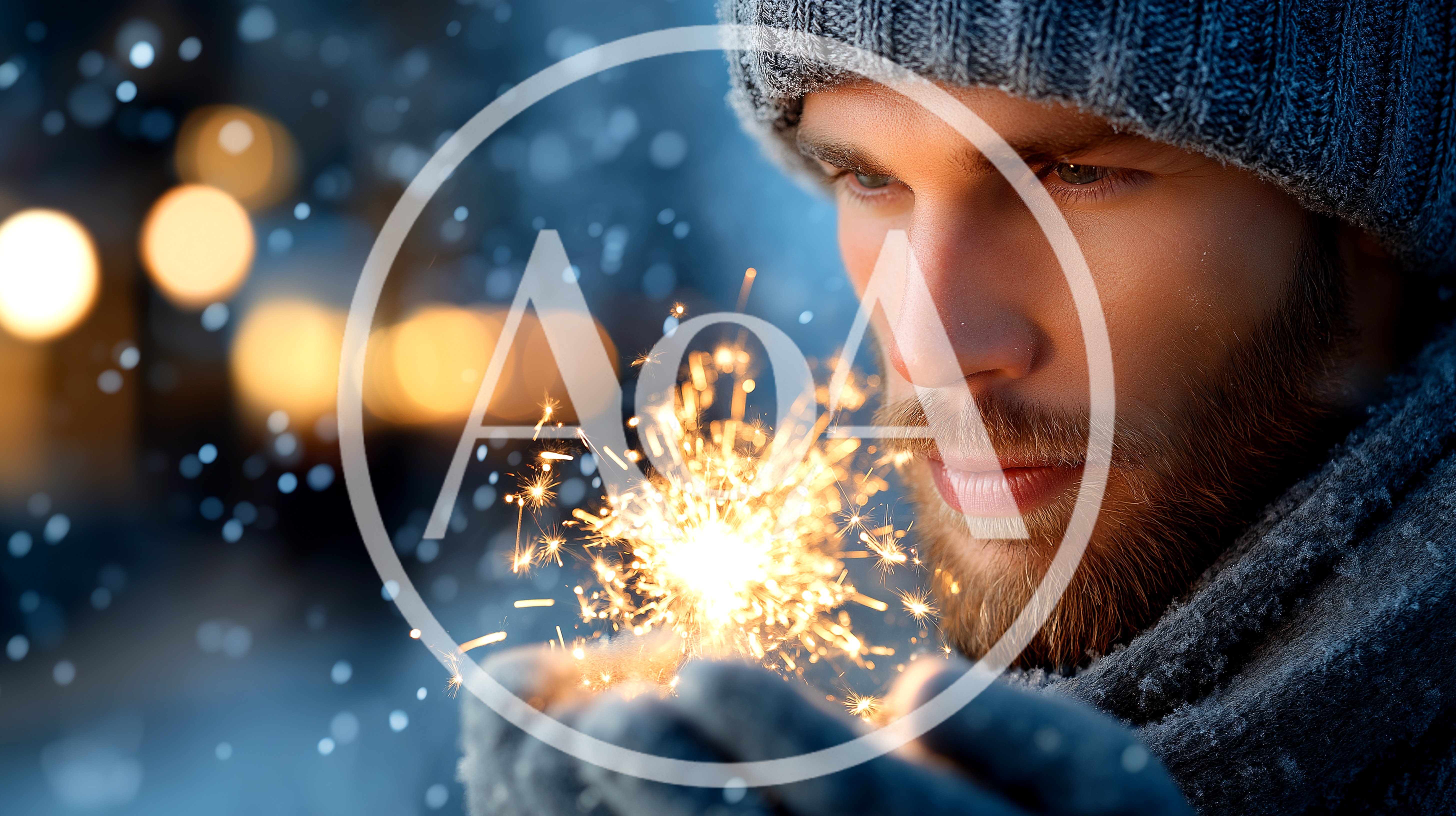 Man Holding A Glowing Sparkler In Winter
