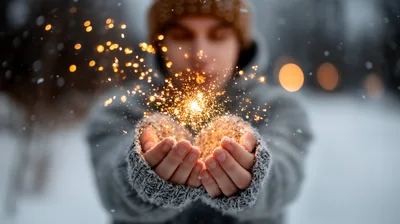 Person Holding Glowing Magical Sparks In Winter