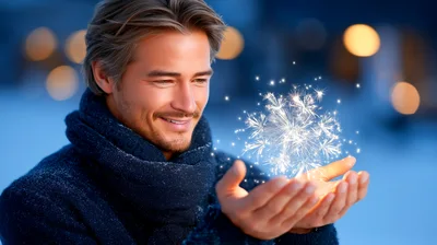 Man Holding Glowing Magical Snowflake In Hands