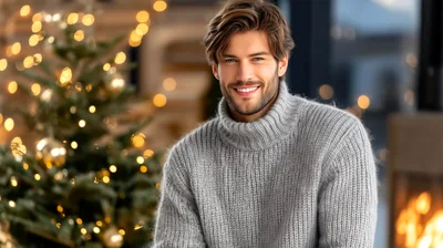 Handsome Man Wearing Grey Turtleneck Sweater Near Christmas Tree