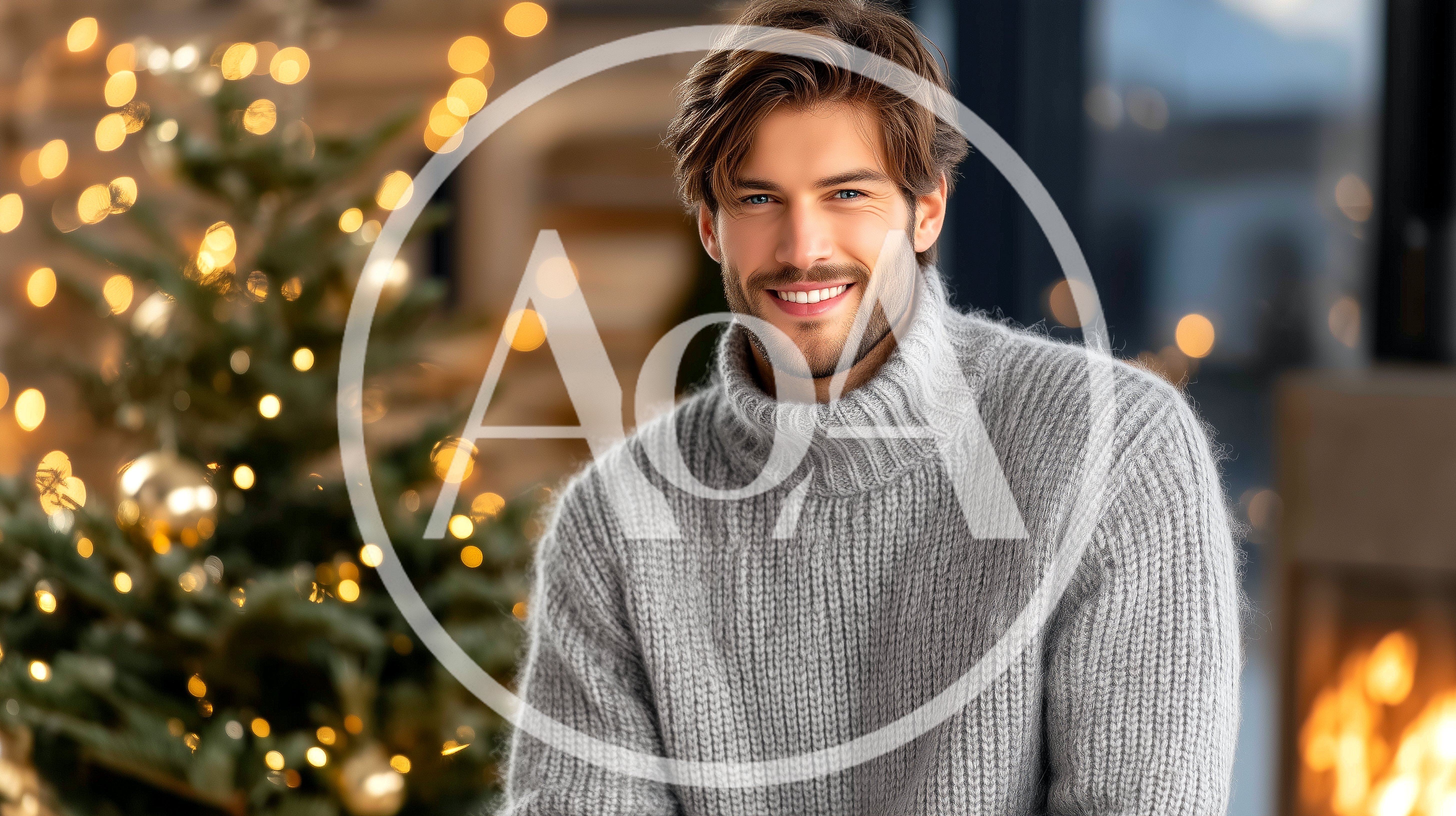 Handsome Man Wearing Grey Turtleneck Sweater Near Christmas Tree