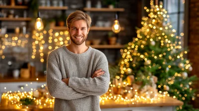 Smiling Man Standing In A Festive Christmas Kitchen