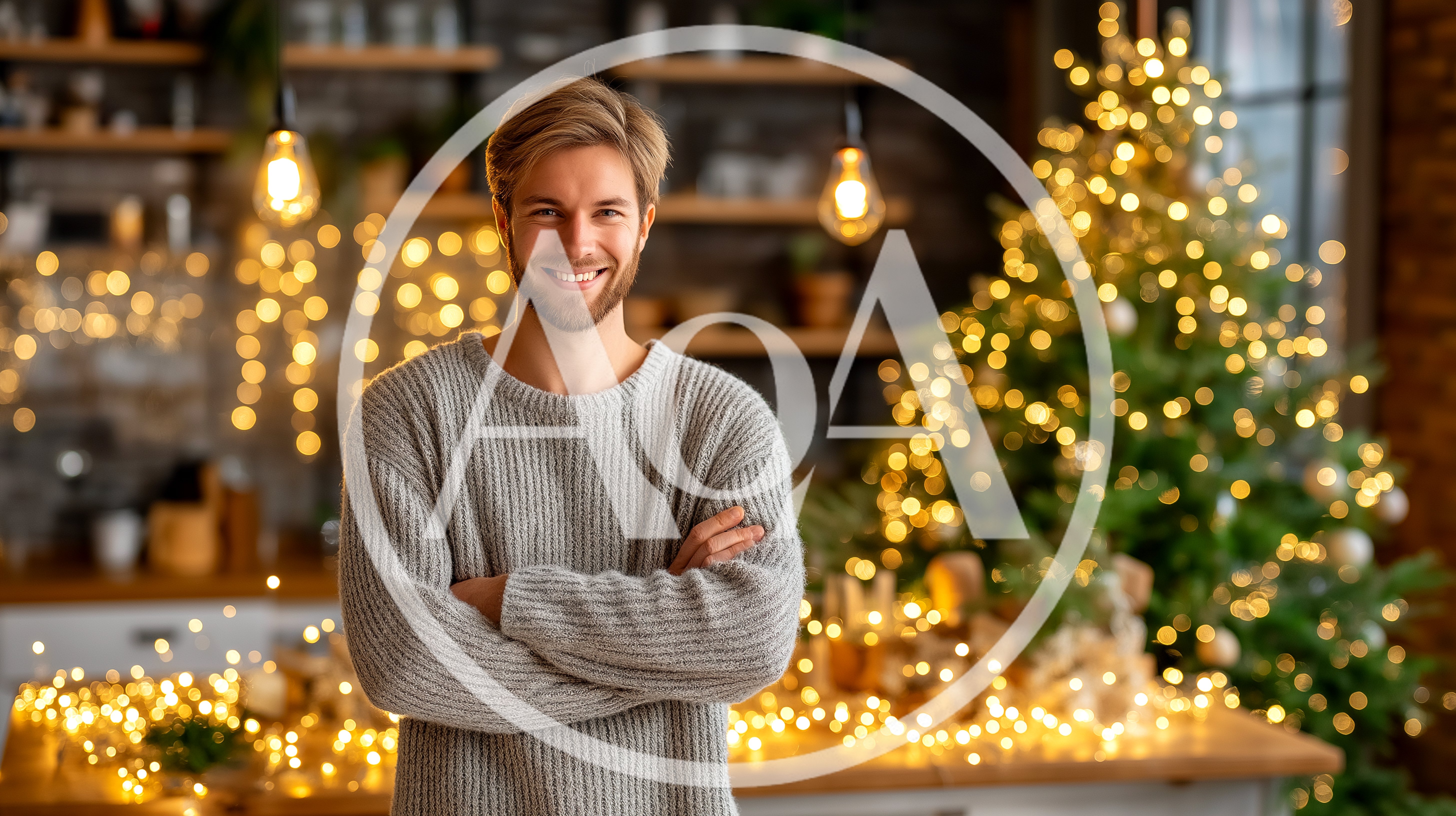 Smiling Man Standing In A Festive Christmas Kitchen