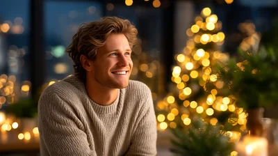 Young Man Smiling Thoughtfully In A Festive Christmas Setting