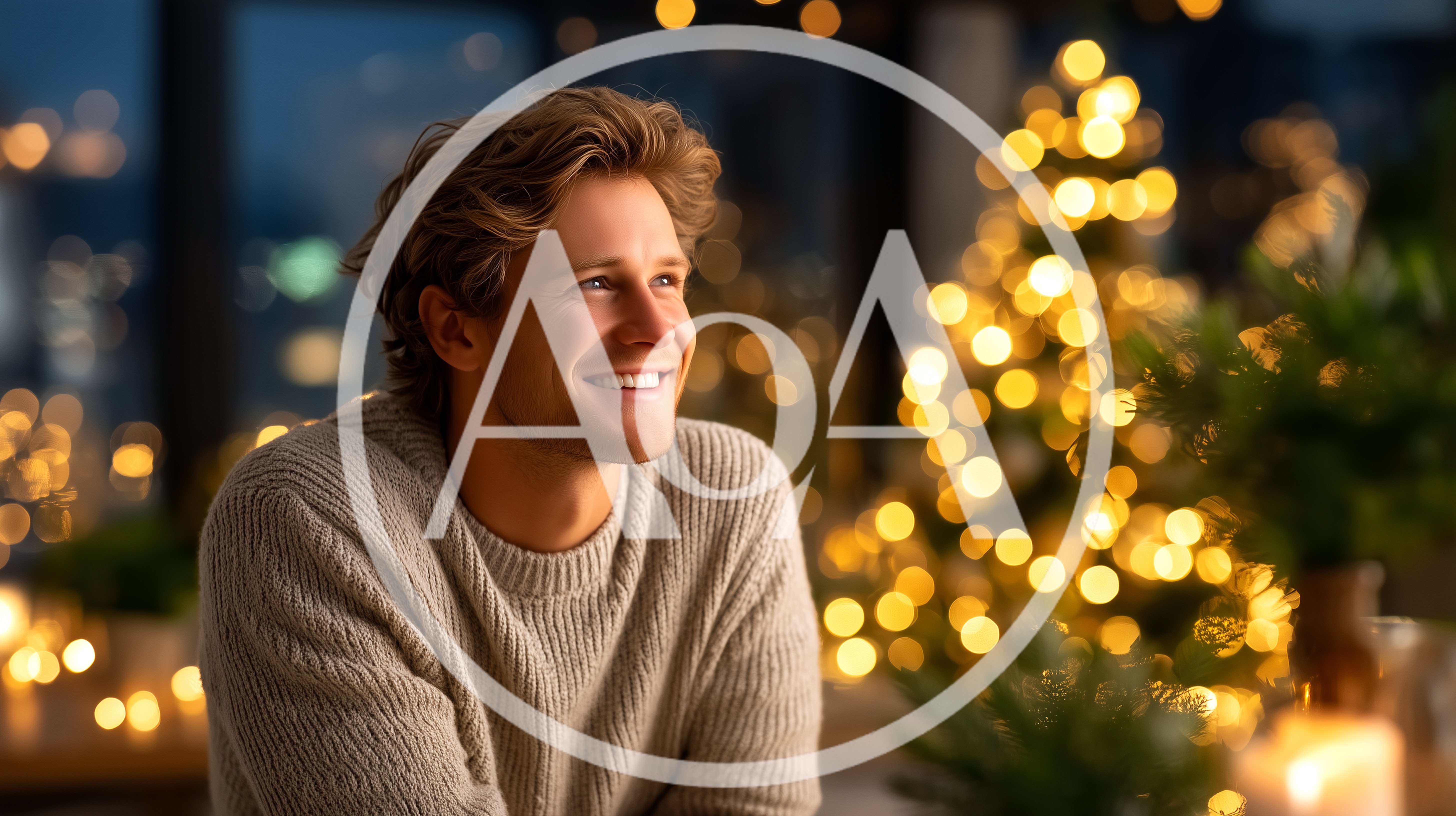 Young Man Smiling Thoughtfully In A Festive Christmas Setting