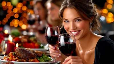 Smiling Woman Toasting With Red Wine At Dinner