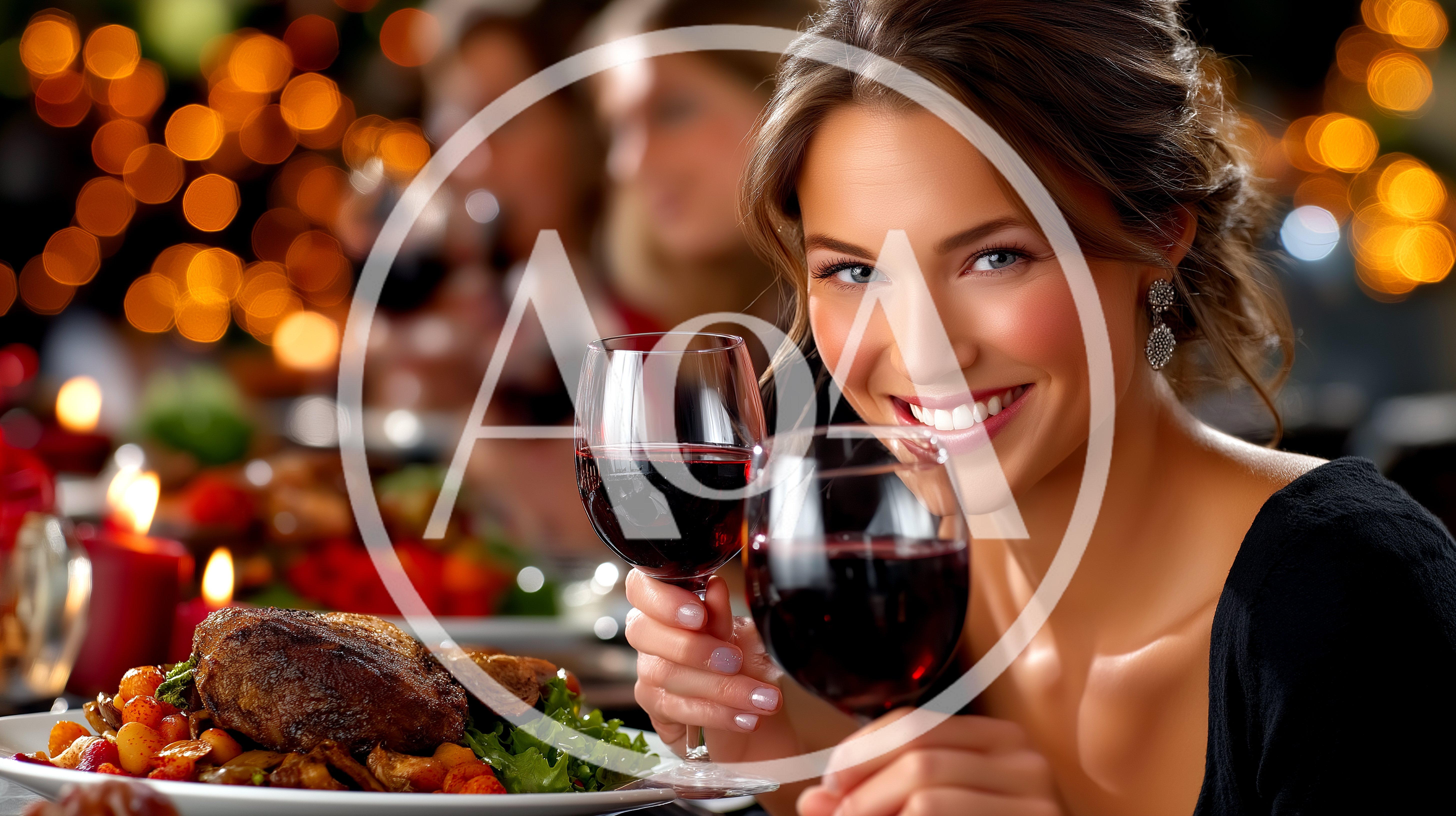 Smiling Woman Toasting With Red Wine At Dinner