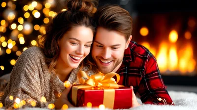 Happy Couple Opening Christmas Gift By Fireplace