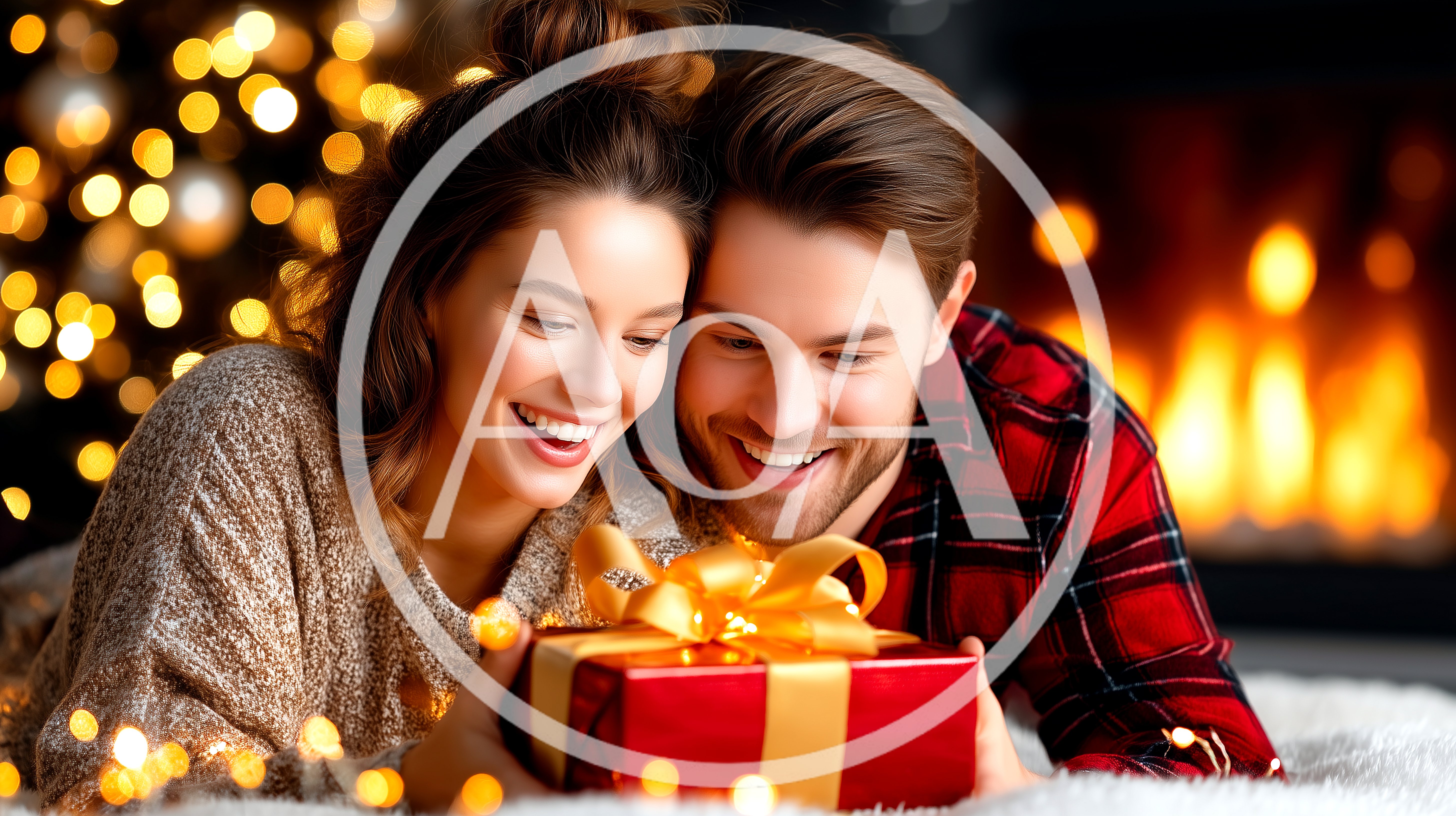 Happy Couple Opening Christmas Gift By Fireplace