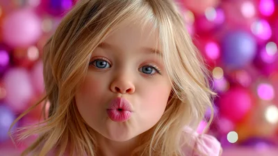 Sparkling Kiss from a Little Angel: Adorable Child with Glitter and Pink Balloons