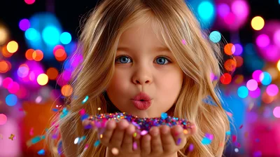 Young Girl Blowing Colorful Confetti At A Celebration