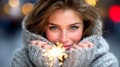 Young Woman Holding A Glowing Sparkler In Winter