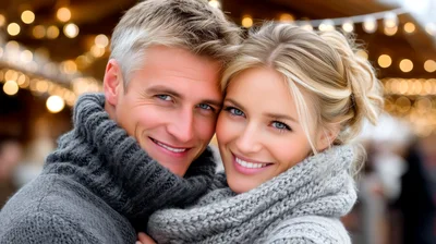 Happy Couple Embracing Outdoors In Winter Clothing