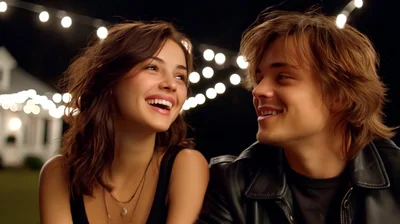 Young Couple Smiling and Talking Outdoors at Night