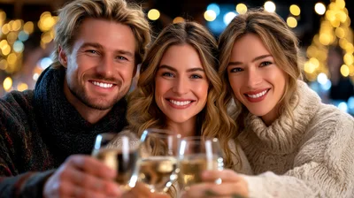 Three Friends Toasting With Wine Glasses At Night