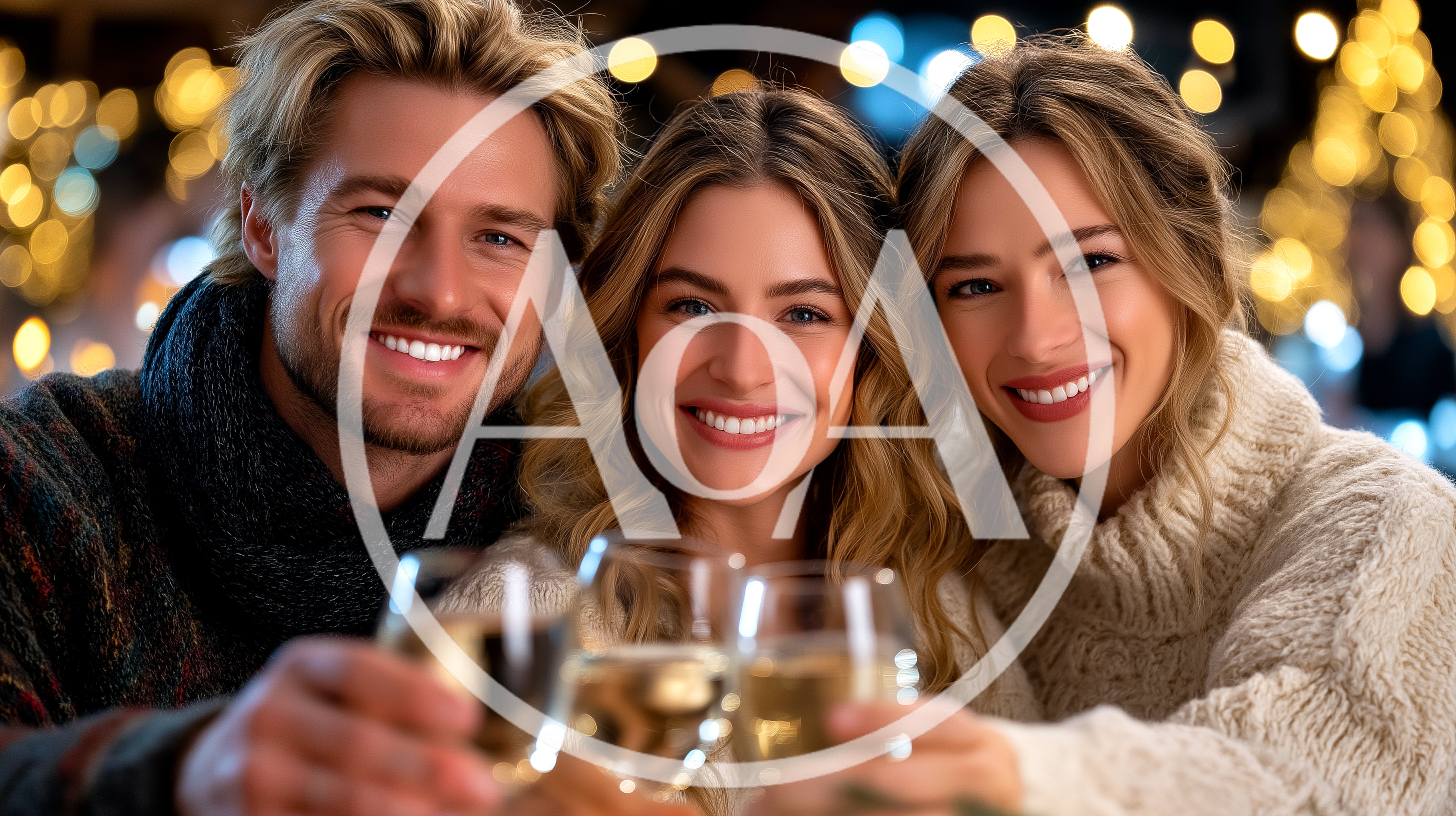 Three Friends Toasting With Wine Glasses At Night