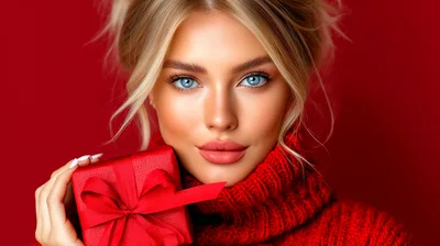 Beautiful Blonde Woman Holding A Red Gift Box