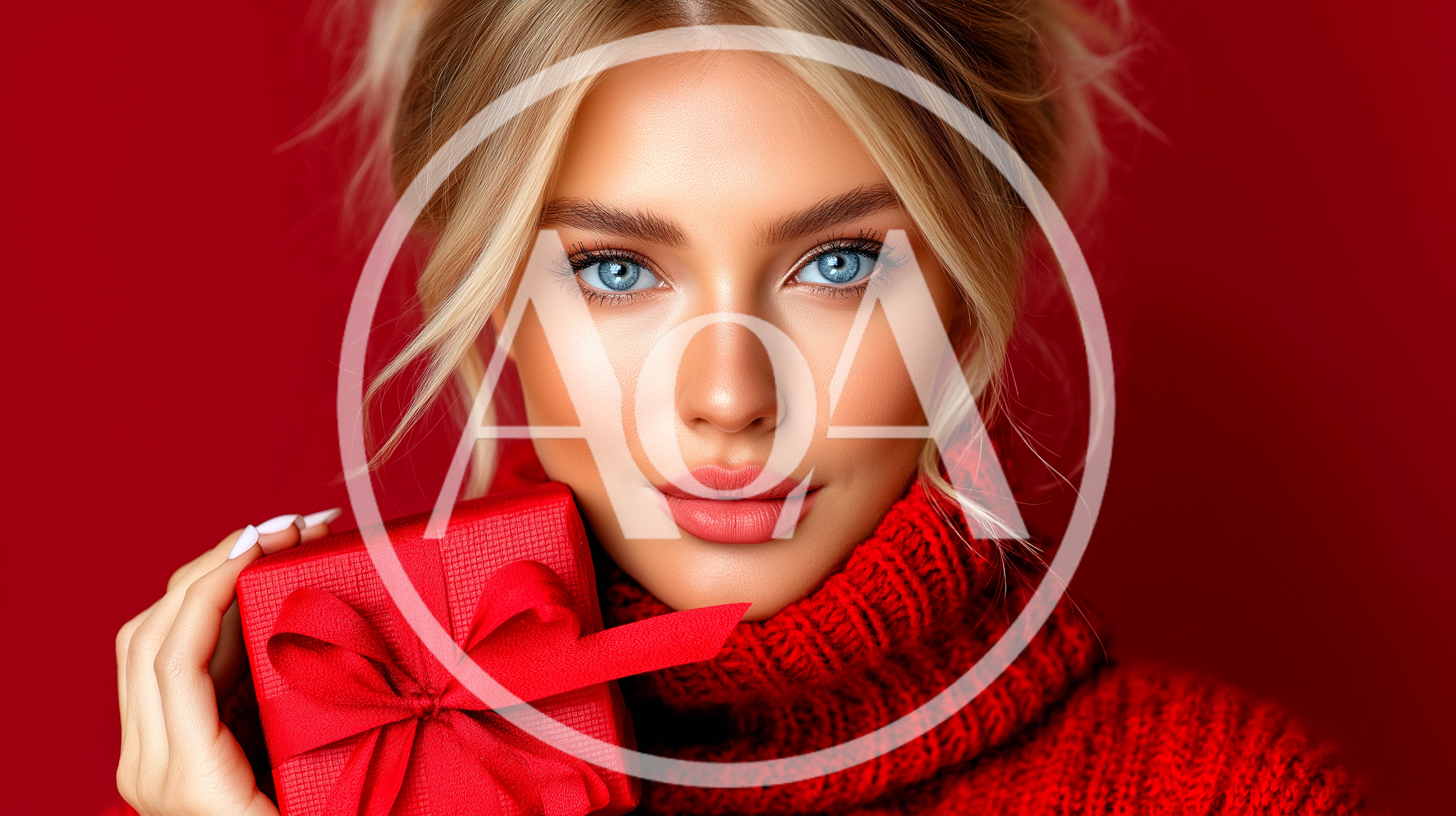 Beautiful Blonde Woman Holding A Red Gift Box