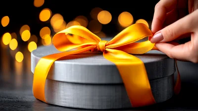 Hand Adjusting Yellow Ribbon On Round Gift Box