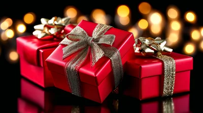 Three Red Christmas Gift Boxes With Gold Ribbons