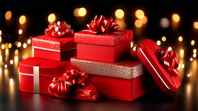 Red Gift Boxes With Bows And Bokeh Lights