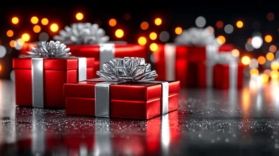Red Christmas Gift Boxes With Silver Ribbons