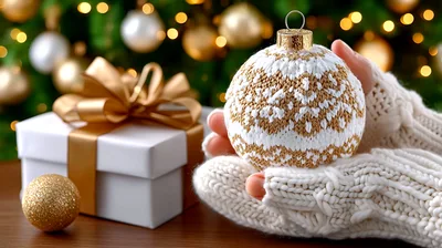 Hands In Knitted Mittens Holding A Christmas Ornament
