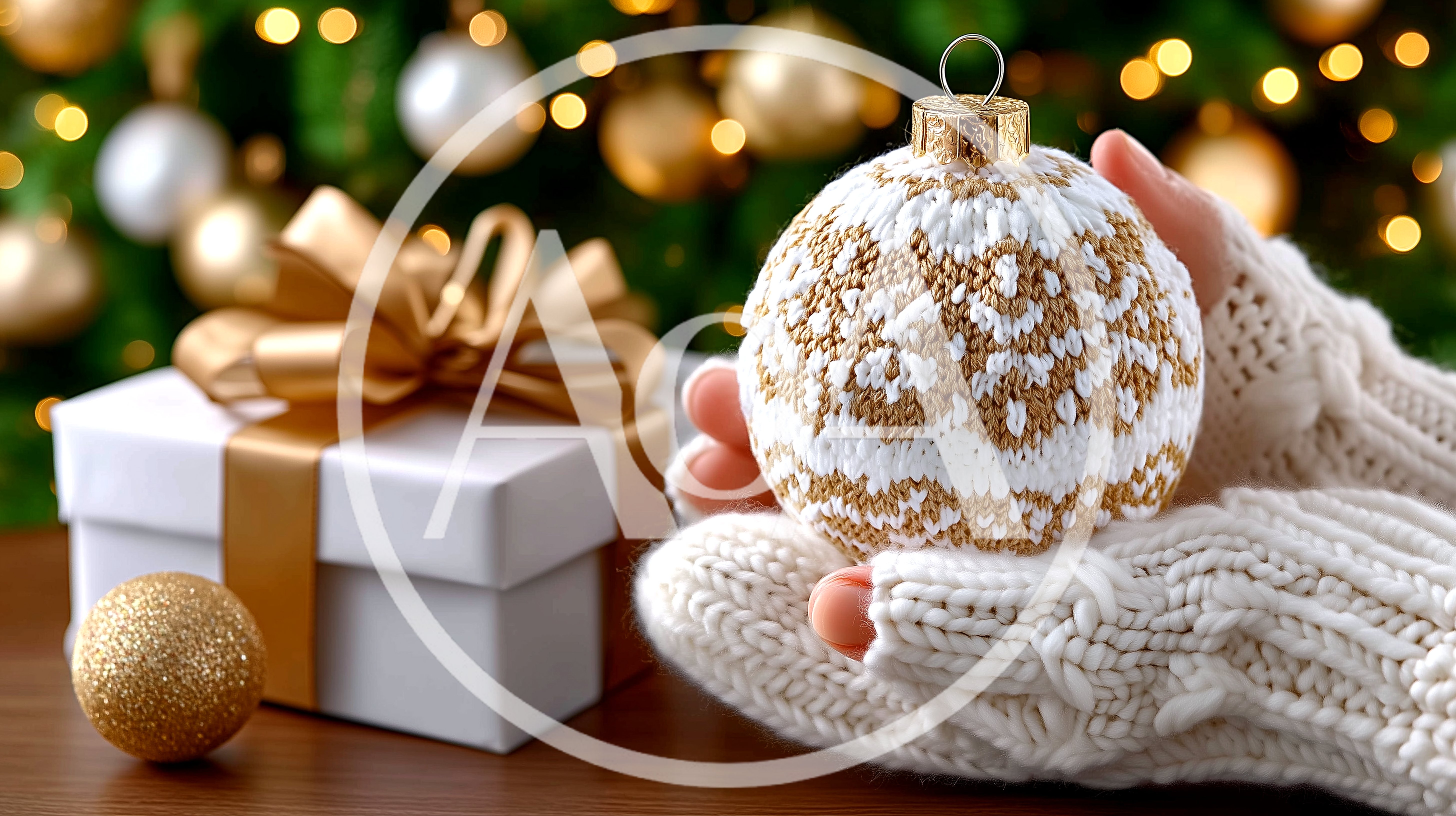 Hands In Knitted Mittens Holding A Christmas Ornament