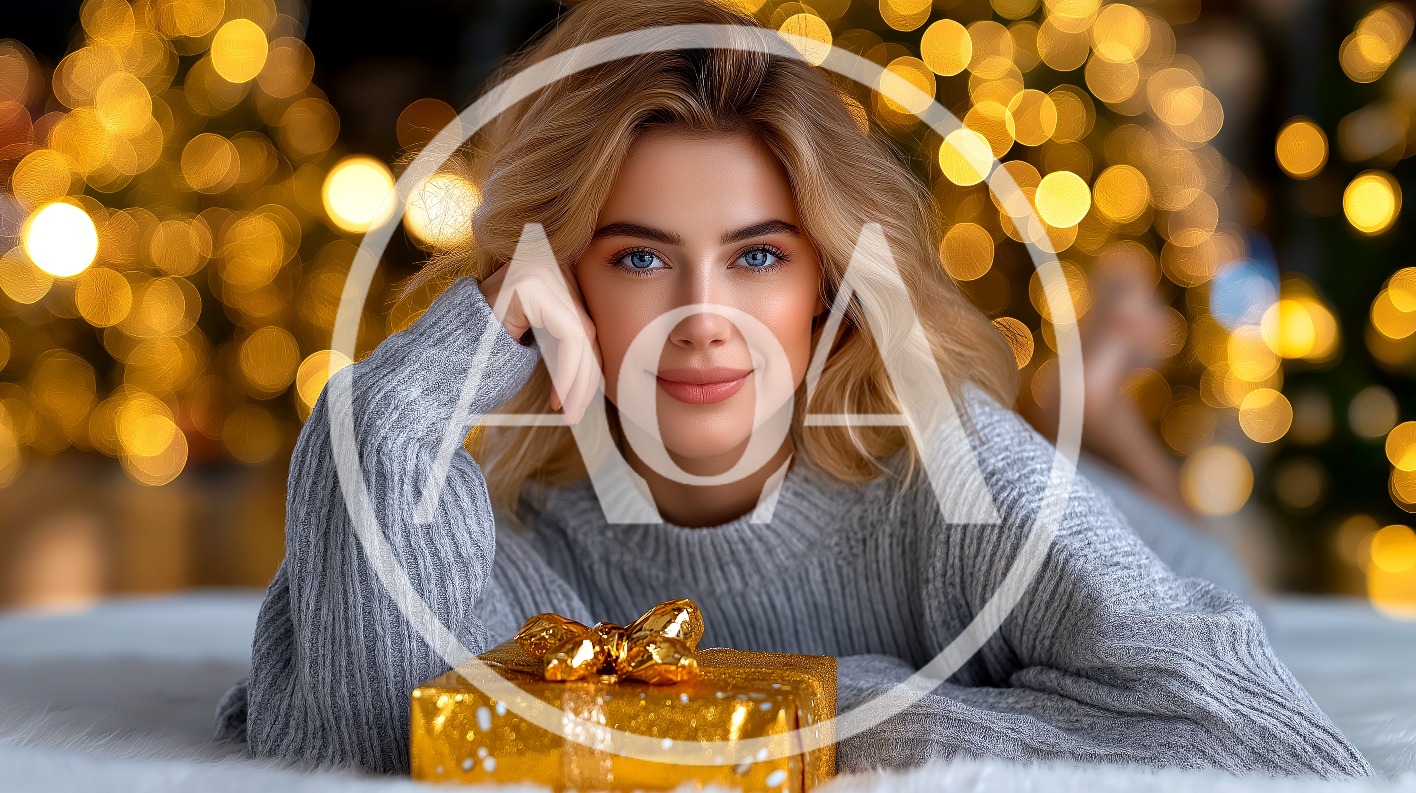 Beautiful Blonde Woman With Christmas Gift